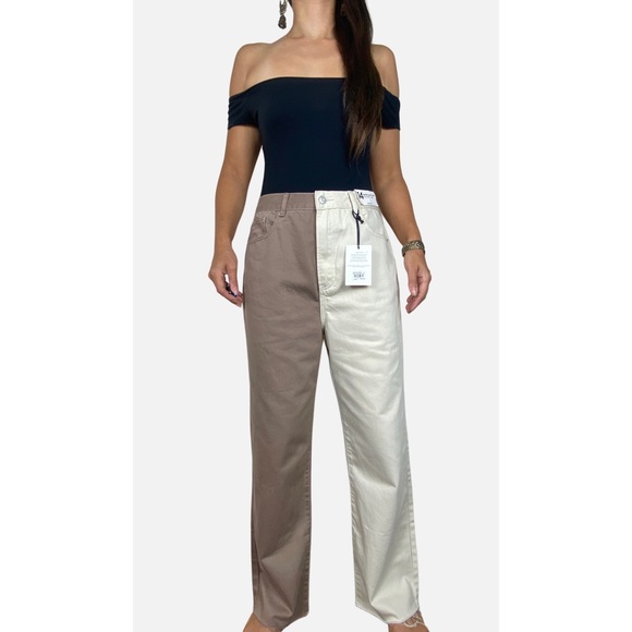 Glassons Denim - GLASSONS Brown Cream Two Tone Super High Waist Straight Leg Raw Hem Jeans Sz 14
